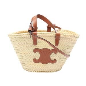 Celine Teen Triomphe Panier Handbag Leather Raffia Beige Tan Brown
